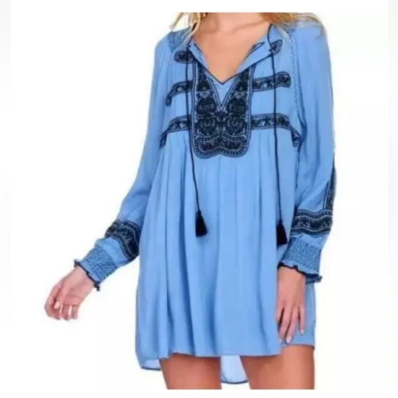 Free People Wind Willow Embroidered V-Neck Mini Dress in Blue - Picture 1 of 10